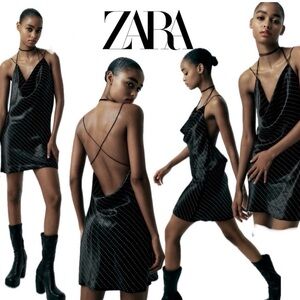 Zara Black satin effect crystal rhinestone jewelled cowl neck mini slip dress